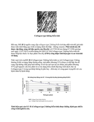 Collagen type không biến tính
Đến nay, UC-II là nguồn cung cấp collagen type 2 khôngbiến tính duynhất trênthế giới nhờ
được tinh chiết bằng quy trình sử dụng nhiệt độ thấp – không enzyme. Phát minhnày đã
được cấp bằng sáng chế độc quyền của HoaKỳ số 5750144vào tháng 07/1998 (giahạn
mới ngày 12/07/2012) và đếntháng 06/2003UC-II(Collagentype 2 không biến tính) đã
được Hiệphội thuốc và thực phẩm Hoa Kỳ (FDA) công nhận tính hiệuquả và an toànkhi
sử dụng.
Tính vượt trội củaUC-II (Collagentype 2 không biến tính) so với Collagentype 2 thông
thường là khi sử dụng bằng đường uống, một phần (khoảng 53%) được cơ thể hấp thu để
cung cấp dưỡng chất giúp nuôi dưỡng và tái tạo mô sụn tại các khớp; một phần (khoảng
47%) giữ nguyên cấu trúc phân tử có tác dụng điềuchỉnh đáp ứng miễndịch, bảo vệ
Collagentype 2 trongsụn khớp không bị phá hủy - điềunày vô cùngquan trọngđối với các
bệnh nhân bị bệnh khớp.
Tính hiệuquả của UC-II (Collagentype 2 không biếntính) được khẳng địnhqua nhiều
công trìnhnghiêncứu.
 