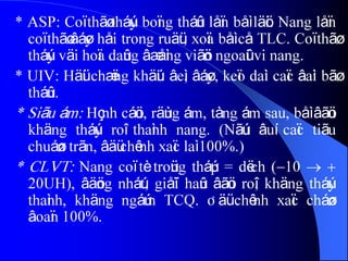 * ASP: Coï thãø tháúy boïng tháûn låïn båì läöi. Nang låïn
coï thãø âáøy håi trong ruäüt, xoïa båì cå TLC. Coï thãø
tháúy väi hoïa daûng âæåìng viãön ngoaûi vi nang.
* UIV: Häüi chæïng khäúi: âeì, âáøy, keïo daìi caïc âaìi bãø
tháûn.
* Siãu ám: Hçnh cáöu, räùng ám, tàng ám sau, båì âãöu
khäng tháúy roî thaình nang. (Nãúu âuí caïc tiãu
chuáøn trãn, âäü chênh xaïc laì 100%.)
* CLVT: Nang coï tè troüng tháúp = dëch (10  
20UH), âäöng nháút, giåïi haûn âãöu roî, khäng tháúy
thaình, khäng ngáúm TCQ. Âäü chênh xaïc cháøn
âoaïn 100%.
 