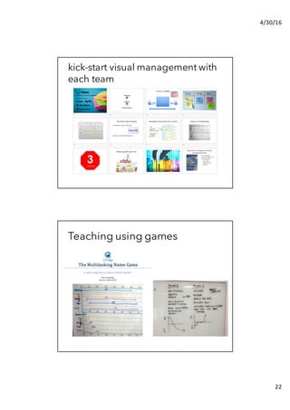 4/30/16
22
kick-start visual management with
each team
Teaching using games
 