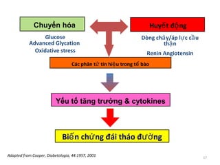 Yếu tố tăng trưởng & cytokinesYếu tố tăng trưởng & cytokines
Các phân t tín hi u trong t bàoử ệ ếCác phân t tín hi u trong t bàoử ệ ế
Adapted from Cooper, Diabetologia, 44:1957, 2001
Huy t đ ngế ộChuyển hóa
Glucose
Advanced Glycation
Oxidative stress
Dòng ch y/áp l c c uả ự ầ
th nậ
Renin Angiotensin
Bi n ch ng đái tháo đ ngế ứ ườBi n ch ng đái tháo đ ngế ứ ườ
17
 