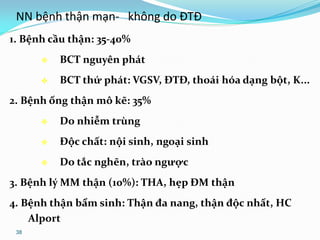 38
1. Bệnh cầu thận: 35-40%
 BCT nguyên phát
 BCT thứ phát: VGSV, ĐTĐ, thoái hóa dạng bột, K...
2. Bệnh ống thận mô kẽ: 35%
 Do nhiễm trùng
 Độc chất: nội sinh, ngoại sinh
 Do tắc nghẽn, trào ngược
3. Bệnh lý MM thận (10%): THA, hẹp ĐM thận
4. Bệnh thận bẩm sinh: Thận đa nang, thận độc nhất, HC
Alport
NN bệnh thận mạn- không do ĐTĐ
 