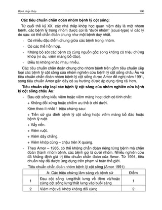 http://www.ebook.edu.vnBệnh thấp khớp 100
Các tiêu chu n ch n đoán nhóm b nh lý c t s ng:
T cu i th k XX, các nhà th p kh p h c quan ni m đây là m t nhóm
b nh, các b nh lý trong nhóm đư c coi là “dư i nhóm” (sous-type) vì các lý
do sau: có th ch n đoán chung như m t b nh duy nh t.
- Có nhi u đ c đi m chung gi a các b nh trong nhóm.
- Có các th h n h p.
- Không b sót các b nh có cùng ngu n g c song không có tri u ch ng
kh p (ví d : viêm màng b đào).
- Đi u tr không khác nhau nhi u.
Các tiêu chu n ch n đoán chung cho nhóm b nh trên g m tiêu chu n x p
lo i các b nh lý c t s ng c a nhóm nghiên c u b nh lý c t s ng châu Âu và
tiêu chu n ch n đoán nhóm b nh lý c t s ng đư c Amor đ ngh năm 1991,
song tiêu chu n Amor g n đây có xu hư ng đư c áp d ng r ng rãi hơn.
Tiêu chu n x p lo i các b nh lý c t s ng c a nhóm nghiên c u b nh
lý c t s ng châu Âu:
- Đau c t s ng ki u viêm ho c viêm màng ho t d ch có tính ch t:
+ Không đ i x ng ho c chi m ưu th chi dư i.
Kèm theo ít nh t 1 tri u ch ng sau:
+ Ti n s gia đình b nh lý c t s ng ho c viêm màng b đào ho c
b nh lý ru t.
+ V y n n.
+ Viêm ru t.
+ Viêm dây ch ng.
+ Viêm kh p cùng – ch u trên X quang.
- Theo Amor – 1985, có th không ch n đoán riêng t ng b nh mà ch n
đoán thành nhóm b nh, các b nh g i là dư i nhóm. Nhi u nghiên c u
đã kh ng đ nh giá tr tiêu chu n ch n đoán c a Amor. T 1991, tiêu
chu n này đã đư c ng d ng trên ph m vi toàn th gi i.
Tiêu chu n ch n đoán nhóm b nh lý c t s ng (Amor 1991)
A- Các tri u ch ng lâm sàng và b nh s Đi m
1
Đau c t s ng lưng/th t lưng v đêm và/ho c
c ng c t s ng lưng/th t lưng vào bu i sáng
1
2 Viêm m t vài kh p không đ i x ng 2
 