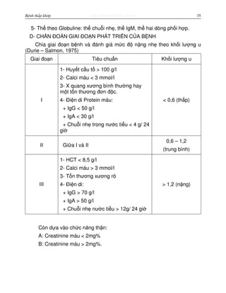 http://www.ebook.edu.vnBệnh thấp khớp 35
5- Th theo Globuline: th chu i nh , th IgM, th hai dòng ph i h p.
D- CH N ĐOÁN GIAI ĐO N PHÁT TRI N C A B NH
Chia giai đo n b nh và đánh giá m c đ n ng nh theo kh i lư ng u
(Durie – Salmon, 1975)
Giai đo n Tiêu chu n Kh i lư ng u
I
1- Huy t c u t > 100 g/l
2- Calci máu < 3 mmol/l
3- X quang xương bình thư ng hay
m t t n thương đơn đ c.
4- Đi n di Protein máu:
+ IgG < 50 g/l
+ IgA < 30 g/l
+ Chu i nh trong nư c ti u < 4 g/ 24
gi
< 0,6 (th p)
II Gi a I và II
0,6 – 1,2
(trung bình)
III
1- HCT < 8,5 g/l
2- Calci máu > 3 mmol/l
3- T n thương xương rõ
4- Đi n di:
+ IgG > 70 g/l
+ IgA > 50 g/l
+ Chu i nh nư c ti u > 12g/ 24 gi
> 1,2 (n ng)
Còn d a vào ch c năng th n:
A: Creatinine máu < 2mg%
B: Creatinine máu > 2mg%.
 
