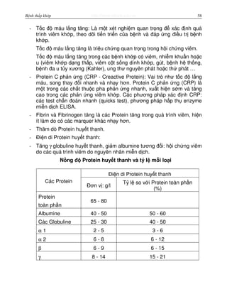 http://www.ebook.edu.vnBệnh thấp khớp 58
- T c đ máu l ng tăng: Là m t xét nghi m quan tr ng đ xác đ nh quá
trình viêm kh p, theo dõi ti n tri n c a b nh và đáp ng đi u tr b nh
kh p.
T c đ máu l ng tăng là tri u ch ng quan tr ng trong h i ch ng viêm.
T c đ máu l ng tăng trong các b nh kh p có viêm, nhi m khu n ho c
u (viêm kh p d ng th p, viêm c t s ng dính kh p, gút, b nh h th ng,
b nh đa u t y xương (Kahler), ung thư nguyên phát ho c th phát …
- Protein C ph n ng (CRP - Creactive Protein): Vai trò như t c đ l ng
máu, song thay đ i nhanh và nh y hơn. Protein C ph n ng (CRP) là
m t trong các ch t thu c pha ph n ng nhanh, xu t hi n s m và tăng
cao trong các ph n ng viêm kh p. Các phương pháp xác đ nh CRP:
các test ch n đoán nhanh (quicks test), phương pháp h p th enzyme
mi n d ch ELISA.
- Fibrin và Fibrinogen tăng là các Protein tăng trong quá trình viêm, hi n
ít làm do có các marquer khác nh y hơn.
- Thăm dò Protein huy t thanh.
- Đi n di Protein huy t thanh:
- Tăng γ globuline huy t thanh, gi m albumine tương đ i: h i ch ng viêm
do các quá trình viêm do nguyên nhân mi n d ch.
N ng đ Protein huy t thanh và t l m i lo i
Đi n di Protein huy t thanh
Các Protein
Đơn v : g/l
T l so v i Protein toàn ph n
(%)
Protein
toàn ph n
65 - 80
Albumine 40 - 50 50 - 60
Các Globuline 25 - 30 40 - 50
α 1 2 - 5 3 - 6
α 2 6 - 8 6 - 12
β 6 - 9 6 - 15
γ 8 - 14 15 - 21
 