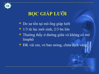  Do sự tồn tại mô ống giáp lưỡi
 1/3 từ lúc mới sinh, 2/3 bn lớn
 Thường thấy ở đường giữa và không có mô
limphô
 ĐK vài cm, vỏ bao mỏng, chứa dịch vàng
BỌC GIÁP LƯỠI
11
 