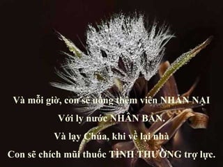 Và mỗi giờ, con sẽ uống thêm viên NHẪN NẠI Với ly nước NHÂN BẢN. Và lạy Chúa, khi về lại nhà Con sẽ chích mũi thuốc TÌNH THƯƠNG trợ lực. 
