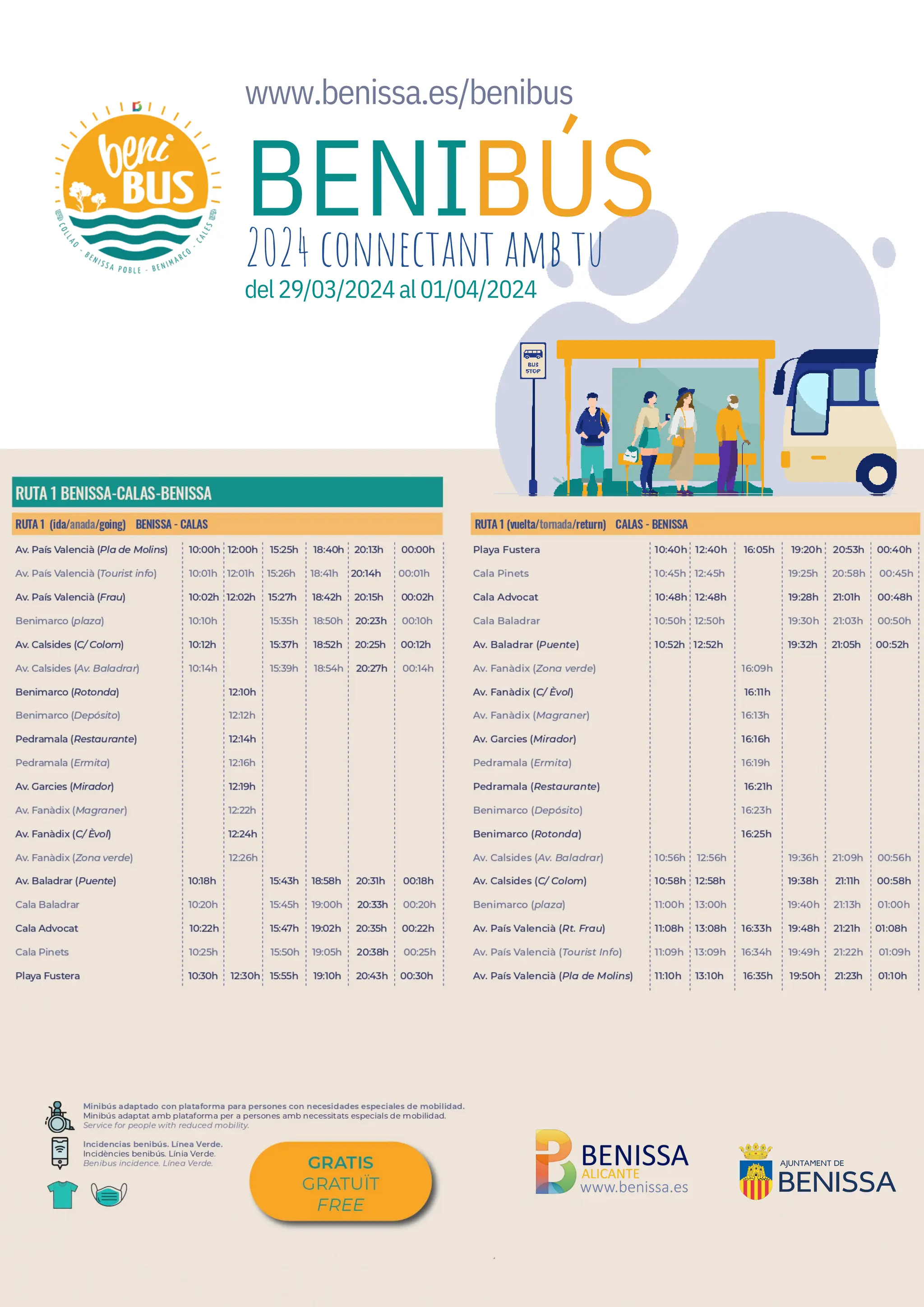 BENIBÚS HORARIOS PASCUA 2024.Benibus es el servicio gratuito de autobús que cubre la ruta desde