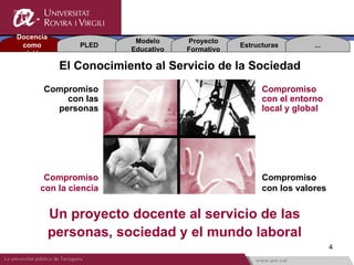 Docencia
                         Modelo     Proyecto
 como          PLED                             Estructuras       ...
                        Educativo   Formativo
 misión

            El Conocimiento al Servicio de la Sociedad
       Compromiso                                     Compromiso
           con las                                    con el entorno
         personas                                     local y global




       Compromiso                                     Compromiso
      con la ciencia                                  con los valores


           Un proyecto docente al servicio de las
           personas, sociedad y el mundo laboral
                                                                        4
 