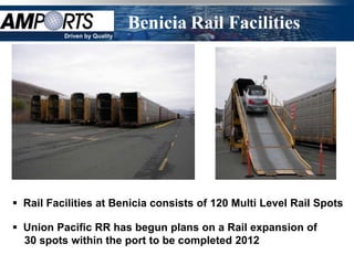 Benicia Rail Facilities
          Driven by Quality




 Rail Facilities at Benicia consists of 120 Multi Level Rail Spots

 Union Pacific RR has begun plans on a Rail expansion of
  30 spots within the port to be completed 2012
 