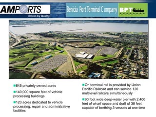 Driven by Quality




645 privately owned acres              On terminal rail is provided by Union
                                        Pacific Railroad and can service 120
140,000 square feet of vehicle         multilevel railcars simultaneously
processing buildings
                                        90 foot wide deep-water pier with 2,400
120 acres dedicated to vehicle         feet of wharf space and draft of 38 feet
processing, repair and administrative   capable of berthing 3 vessels at one time
facilities
 