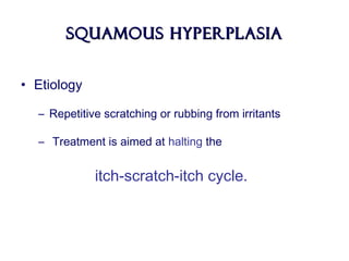 Squamous HyperplasiaSquamous Hyperplasia
• Etiology
– Repetitive scratching or rubbing from irritants
– Treatment is aimed at halting the
itch-scratch-itch cycle.
 