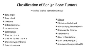 Classification of Benign Bone Tumors
• Bony origin
• Bone island
• Osteoma
• Osteoid osteoma.
• osteoblastoma
• Cartilaginous
• C h o n d r o m a
• C h o n d r o b l a s t o m a
• Chondromyxoid fibroma
• Osteochondroma
Presumed to arise from skeletal tissue
• Fibrous
• Fibrous cortical defect
• Non-ossifying fibroma (NOF)
• Desmoplastic fibroma
• Fibromatosis
• Giant cell containing
• Giant cell tumor (GCT)
• Aneurysmal bone cyst ( ABC)
 