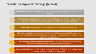 Dense sclerotic margin around the tumor is a characteristic sign of a benign tumor of bone
(Fig. 1).
Mature periosteal reaction. If the periosteum has had an opportunity to react to the
expansion of the bone by forming mature bone, a benign process is favored
Lack of sclerotic rim suggests more rapid growth of the underlying lesion (Fig. 2).
Soft tissue extension: Any extension of the lesion into the surrounding soft tissues is an
ominous sign and sug- gests a rapidly growing process—a malignancy, an infection, or an
aggressive benign process
Onion-skinning, sequential periosteal elevation, is also indicative of a rapidly growing
process; it can be seen in both benign and malignant tumors
Codman’s triangles are a result of rapid periosteal elevation indicative of a rapidly growing
process such as an infection or malignancy
Specific Radiographic Findings (Table 4)
 