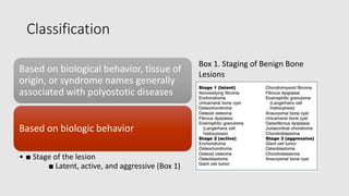 Classification
Based on biological behavior, tissue of
origin, or syndrome names generally
associated with polyostotic diseases
Based on biologic behavior
• ■ Stage of the lesion
■ Latent, active, and aggressive (Box 1)
Box 1. Staging of Benign Bone
Lesions
 