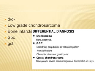  d/d-
 Low grade chondrosarcoma
 Bone infarcts
 Sbc
 gct
 