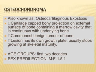 OSTEOCHONDROMA
 Also known as: Osteocartilaginous Exostosis
 Cartilage capped bony projection on external
surface of bone containing a marrow cavity that
is continuous with underlying bone
 Commonest benign tumour of bone.
 Lesion has its own growth plate, usually stops
growing at skeletal maturity.
 AGE GROUPS: first two decades
 SEX PREDILECTION: M:F-1.5:1
 