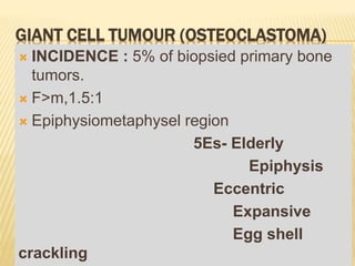 GIANT CELL TUMOUR (OSTEOCLASTOMA)
 INCIDENCE : 5% of biopsied primary bone
tumors.
 F>m,1.5:1
 Epiphysiometaphysel region
5Es- Elderly
Epiphysis
Eccentric
Expansive
Egg shell
crackling
 