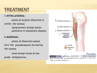 TREATMENT
1.INTRA LESIONAL:
-plane of surgical dissection is
within the tumour.
-Symptomatic benign lesion.
-palliative in metastatic disease.
2.MARGINAL:
-plane of dissection passes
thro’the pseudocapsule formed by
the tumour.
-most benign lesion & low
grade malignancies.
 