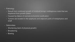 • Pathology
• Result from continued growth of residual benign cartilaginous rests that are
displaced from growth plates
• Caused by failure of normal enchondral ossification
• Tumors are located in the epiphysis and adjacent parts of metaphysics and
shaft
• Deformities
• Shortening (lack of physical growth)
• Broadening
• Bowing
 