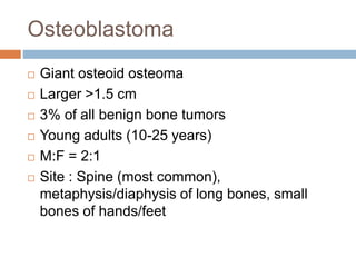 Osteoblastoma
 Giant osteoid osteoma
 Larger >1.5 cm
 3% of all benign bone tumors
 Young adults (10-25 years)
 M:F = 2:1
 Site : Spine (most common),
metaphysis/diaphysis of long bones, small
bones of hands/feet
 