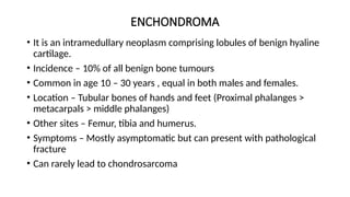 ENCHONDROMA
• It is an intramedullary neoplasm comprising lobules of benign hyaline
cartilage.
• Incidence – 10% of all benign bone tumours
• Common in age 10 – 30 years , equal in both males and females.
• Location – Tubular bones of hands and feet (Proximal phalanges >
metacarpals > middle phalanges)
• Other sites – Femur, tibia and humerus.
• Symptoms – Mostly asymptomatic but can present with pathological
fracture
• Can rarely lead to chondrosarcoma
 