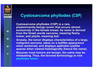 Cystosarcoma phyllodes (CSP)
 Cystosarcoma phyllodes (CSP) is a rare,
predominantly benign tumor that occurs almost
exclusively in the female breast. Its name is derived
from the Greek words sarcoma, meaning fleshy
tumor, and phyllo, meaning leaf.
 Grossly, the tumor displays characteristics of a large,
malignant sarcoma, takes on a leaflike appearance
when sectioned, and displays epithelial cystlike
spaces when viewed histologically (hence the name).
 Because most tumors are benign, the name may be
misleading. Thus, the favored terminology is now
phyllodes tumor.
 