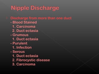    Discharge from more than one duct
    - Blood Stained
      1. Carcinoma
      2. Duct ectasia
    - Grumous
      1. Duct ectasia
    - Purulent
      1. Infection
    - Serous
      1. Duct ectasia
      2. Fibrocystic disease
      3. Carcinoma
 