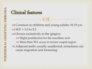 
 Common in children and young adults; 10-19 yrs
 M:F = 1:2 to 2:3
 Occurs exclusively in the gingiva
 Slight predilection for the maxillary arch
 More than 50% occur in incisor cuspid region
 Adjacent teeth: usually unaffected; sometimes can
cause migration and loosening
PERIPHERAL
OSSIFYING
FIBROMA
Clinical features
 