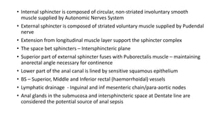 • Internal sphincter is composed of circular, non-striated involuntary smooth
muscle supplied by Autonomic Nerves System
• External sphincter is composed of striated voluntary muscle supplied by Pudendal
nerve
• Extension from longitudinal muscle layer support the sphincter complex
• The space bet sphincters – Intersphincteric plane
• Superior part of external sphincter fuses with Puborectalis muscle – maintaining
anorectal angle necessary for continence
• Lower part of the anal canal is lined by sensitive squamous epithelium
• BS – Superior, Middle and Inferior rectal (haemorrhoidal) vessels
• Lymphatic drainage - Inguinal and inf mesenteric chain/para-aortic nodes
• Anal glands in the submucosa and intersphincteric space at Dentate line are
considered the potential source of anal sepsis
 