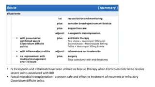 First choice – Vancomycin 500mg qid
Second choice – Metronidazole 500 mg
IVI tds + Vancomycin 500mg Enema
Total colectomy with end-ileostomy
• IV Ciclosporin and Infliximab have been utilised as Rescue Therapy when Corticosteroids fail to resolve
severe colitis associated with IBD
• Faecal microbial transplantation - a proven safe and effective treatment of recurrent or refractory
Clostridium difficile colitis
 