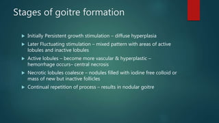 Stages of goitre formation
 Initially Persistent growth stimulation – diffuse hyperplasia
 Later Fluctuating stimulation – mixed pattern with areas of active
lobules and inactive lobules
 Active lobules – become more vascular & hyperplastic –
hemorrhage occurs– central necrosis
 Necrotic lobules coalesce – nodules filled with iodine free colloid or
mass of new but inactive follicles
 Continual repetition of process – results in nodular goitre
 