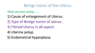Benign lesion of the Uterus
What we learn today ……
1) Cause of enlargement of Uterus .
2) Type of Benign tumor of uterus .
3) Fibroid Uterus in all aspect.
4) Uterine polyp.
5) Endometrial hyperplasia.
 