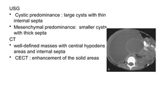 USG
• Cystic predominance : large cysts with thin
internal septa
• Mesenchymal predominance: smaller cysts
with thick septa
CT
• well-defined masses with central hypodense
areas and internal septa
• CECT : enhancement of the solid areas
 