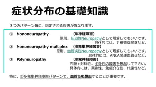 症状分布の基礎知識
３つのパターン毎に、想定される疾患が異なります。
① Mononeuropathy （単神経障害）
原則、圧迫性Neuropathyとして理解してもいいです。
具体的には、手根管症候群など。
② Mononeuropathy multiplex （多発単神経障害）
原則、血管炎性Neuropathyとして理解してもいいです。
具体的には、ANCA関連血管炎など。
③ Polyneuropathy （多発神経障害）
四肢＋対称性。全身性の障害を想起して下さい。
具体的には、薬剤性、免疫介在性、代謝性など。
特に、②多発単神経障害パターンで、血管炎を想起することが重要です。
 