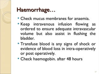 Haemorrhage…
Haemorrhage…
 Check mucus membranes for anaemia.
 Keep intravenous infusion flowing as
ordered to ensure adequate intravascular
volume but also assist in flushing the
bladder.
 Transfuse blood is any signs of shock or
evidence of blood loss in intra-operatively
or post operatively.
 Check haemogobin. after 48 hours
37
 