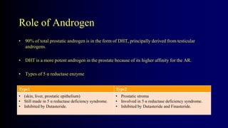 Role of Androgen
• 90% of total prostatic androgen is in the form of DHT, principally derived from testicular
androgens.
• DHT is a more potent androgen in the prostate because of its higher affinity for the AR.
• Types of 5 α reductase enzyme
Type1 Type2
• (skin, liver, prostatic epithelium)
• Still made in 5 α reductase deficiency syndrome.
• Inhibited by Dutasteride.
• Prostatic stroma
• Involved in 5 α reductase deficiency syndrome.
• Inhibited by Dutasteride and Finasteride.
 