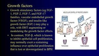 Growth factors
• Growth stimulatory factors (eg FGF-
1, FGF-2, FGF-7, and FGF-17
families, vascular endothelial growth
factor (VEGF), and insulin-like
growth factor (IGF) ) may play a
role, with DHT augmenting or
modulating the growth factor effects.
• In contrast, TGF-β, which is known
to inhibit epithelial cell proliferation,
may normally exert a restraining
influence over epithelial proliferation
that is lost or downregulated in BPH
 