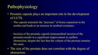 Pathophysiology
• Prostatic capsule plays an important role in the development
of LUTS.
– The capsule transmits the “pressure” of tissue expansion to the
urethra and leads to an increase in urethral resistance.
– Incision of the prostatic capsule (transurethral incision of the
prostate) results in a significant improvement in outflow
obstruction, despite the fact that the volume of the prostate remains
the same.
• The size of the prostate does not correlate with the degree of
obstruction.
 