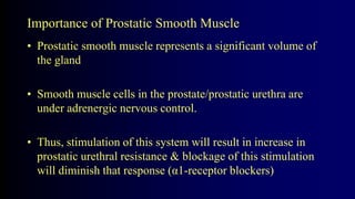 Importance of Prostatic Smooth Muscle
• Prostatic smooth muscle represents a significant volume of
the gland
• Smooth muscle cells in the prostate/prostatic urethra are
under adrenergic nervous control.
• Thus, stimulation of this system will result in increase in
prostatic urethral resistance & blockage of this stimulation
will diminish that response (α1-receptor blockers)
 