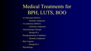 Medical Treatments for
BPH, LUTS, BOO
– 1-adrenergic blockers
– Dynamic component
– 5 -reductase inhibitors
– Anatomic component
– Anticholinergic Therapy
– Storage Sx’s
– Phosphodiesterase 5 inhibitors
– Dynamic component
– Beta 3 agonist
– Storage Sx’s
– Phytotherapy
 