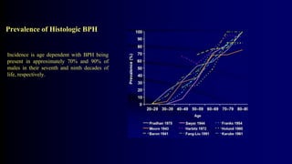 Prevalence of Histologic BPH
Incidence is age dependent with BPH being
present in approximately 70% and 90% of
males in their seventh and ninth decades of
life, respectively.
 