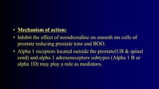 • Mechanism of action:
• Inhibit the effect of noradrenaline on smooth ms cells of
prostate reducing prostate tone and BOO.
• Alpha 1 receptors located outside the prostate(UB & spinal
cord) and alpha 1 adrenoreceptors subtypes (Alpha 1 B or
alpha 1D) may play a role as mediators.
 