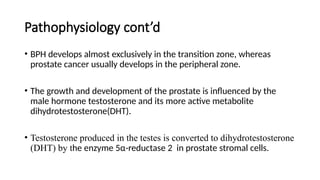 Pathophysiology cont’d
• BPH develops almost exclusively in the transition zone, whereas
prostate cancer usually develops in the peripheral zone.
• The growth and development of the prostate is influenced by the
male hormone testosterone and its more active metabolite
dihydrotestosterone(DHT).
• Testosterone produced in the testes is converted to dihydrotestosterone
(DHT) by the enzyme 5α-reductase 2 in prostate stromal cells.
 