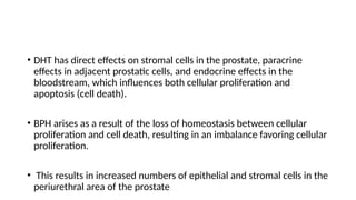 • DHT has direct effects on stromal cells in the prostate, paracrine
effects in adjacent prostatic cells, and endocrine effects in the
bloodstream, which influences both cellular proliferation and
apoptosis (cell death).
• BPH arises as a result of the loss of homeostasis between cellular
proliferation and cell death, resulting in an imbalance favoring cellular
proliferation.
• This results in increased numbers of epithelial and stromal cells in the
periurethral area of the prostate
 