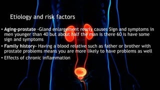 • Aging-prostate -Gland enlargement rearly causes Sign and symptoms in
men younger than 40 but about half the man is there 60 is have some
sign and symptoms
• Family history- Having a blood relative such as father or brother with
prostate problems means you are more likely to have problems as well
• Effects of chronic inflammation
Etiology and risk factors
 