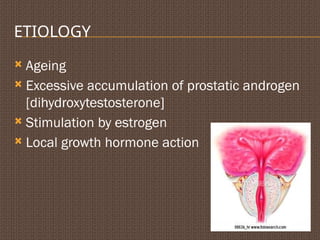 ETIOLOGY
 Ageing
 Excessive accumulation of prostatic androgen
[dihydroxytestosterone]
 Stimulation by estrogen
 Local growth hormone action
 
