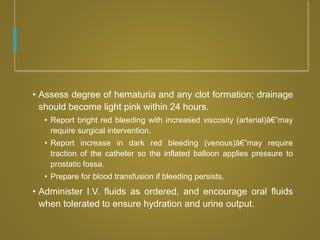 • Assess degree of hematuria and any clot formation; drainage
should become light pink within 24 hours.
• Report bright red bleeding with increased viscosity (arterial)â€”may
require surgical intervention.
• Report increase in dark red bleeding (venous)â€”may require
traction of the catheter so the inflated balloon applies pressure to
prostatic fossa.
• Prepare for blood transfusion if bleeding persists.
• Administer I.V. fluids as ordered, and encourage oral fluids
when tolerated to ensure hydration and urine output.
 