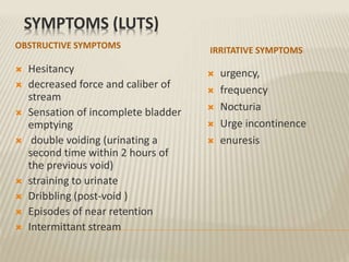 SYMPTOMS (LUTS)
OBSTRUCTIVE SYMPTOMS
IRRITATIVE SYMPTOMS
 Hesitancy
 decreased force and caliber of
stream
 Sensation of incomplete bladder
emptying
 double voiding (urinating a
second time within 2 hours of
the previous void)
 straining to urinate
 Dribbling (post-void )
 Episodes of near retention
 Intermittant stream
 urgency,
 frequency
 Nocturia
 Urge incontinence
 enuresis
 