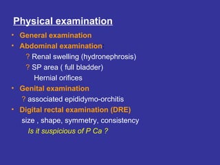 Physical examination
• General examination
• Abdominal examination:
? Renal swelling (hydronephrosis)
? SP area ( full bladder)
Hernial orifices
• Genital examination
? associated epididymo-orchitis
• Digital rectal examination (DRE)
size , shape, symmetry, consistency
Is it suspicious of P Ca ?
 