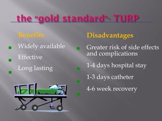 Benefits
Widely available
Effective
Long lasting
Disadvantages
Greater risk of side effects
and complications
1-4 days hospital stay
1-3 days catheter
4-6 week recovery







 
